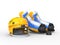 Yellow hockey helmet, blue and yellow blue hockey skates