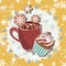 Yellow holiday pattern card with cup of cappuccino and cupcake with inscription `Joy`