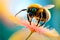 yellow honeybee on pink flower. ai generated micro image.