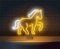 Yellow horse neon sign. Yellow light animal on dark blue brick wall. Night bright advertisement. Vector illustration in neon style