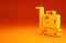 Yellow Hotel luggage cart with suitcase icon isolated on orange background. Traveling baggage sign. Travel luggage icon