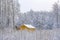 Yellow house in the snowy December forest