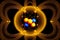 Yellow illuminated model atom orbit in form of circle with atomic nucleus