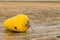 Yellow inflatable buoy attached to chain on muddy beach