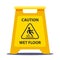 Yellow information plate caution slippery floor. wash the floors at school.