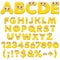 Yellow jelly alphabet, letters, numbers and characters with eyes. Isolated colored vector objects.