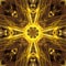 Yellow kaleidoscopic psychedelic pattern. Abstract symmetric luminous background.