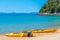 Yellow kayaks at Onetahuti beach at Abel Tasman national park in New Zealand