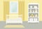 Yellow kid`s room for a newborn baby. Bedroom interior for a small child. There is a cot, a wardrobe with toys and other things o