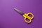 Yellow kid`s stationery right-handed scissors on purple paper background. Back to school, DIY concept. Top view, copy space
