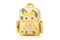 yellow kids backpack with cartoon motifs, front view, white space