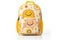 yellow kids backpack with cartoon motifs, front view, white space