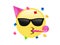 Yellow kissing mouth icon with sunglasses, party hat, confetti
