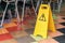 Yellow label warning of slippery floor