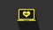 Yellow Laptop computer with 18 plus content heart icon isolated on grey background. Age restriction symbol. 18 plus