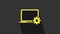 Yellow Laptop and gear icon isolated on grey background. Adjusting, service, setting, maintenance, repair, fixing. 4K