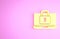 Yellow Laptop and lock icon isolated on pink background. Computer and padlock. Security, safety, protection concept