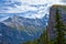 Yellow larches in Autumn above Lake Louise in Banff National Park, Alberta