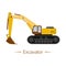 Yellow large modern excavator with brown cab and bucket. Digging ditches