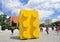 Yellow lego brick in Prishtinaâ€™s Skanderbeg Square