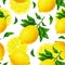 Yellow lemon fruits on a branch with green leaves on white background. Watercolor drawing seamless pattern for design.