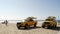 Yellow lifeguard car, beach near Los Angeles. Rescue Toyota pick up truck, lifesavers California USA