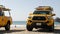 Yellow lifeguard car, beach near Los Angeles. Rescue Toyota pick up truck, lifesavers California USA