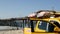 Yellow lifeguard car, beach near Los Angeles. Rescue Toyota pick up truck, lifesavers California USA