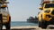 Yellow lifeguard car, ocean beach California USA. Rescue pick up truck, lifesavers vehicle.