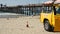 Yellow lifeguard car, ocean beach California USA. Rescue pick up truck, lifesavers vehicle.