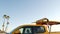 Yellow lifeguard car, ocean beach California USA. Rescue pick up truck, lifesavers vehicle.