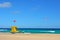 Yellow lifeguard post on the beach of Corralejo, Fuerteventura, Spain.