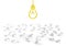 Yellow light bulb idea hanging on a large amount of small gray light bulbs in the background