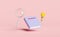 Yellow light bulb with pencil textbook, book  magnifying glass icon isolated on pink background. idea tip education, knowledge
