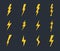 Yellow lightning bolt icon. Vector flash thunderbolt on dark backround. Symbol of electric power. Cartoon danger sign. Electricity