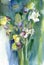Yellow-lilac iris green background, plein air watercolor sketch,