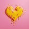 Yellow liquid heart on pink background. Love concept. A heart-shaped object drenched in yellow liquid with dripping drops. AI