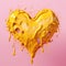 Yellow liquid heart on pink background. Love concept. A heart-shaped object drenched in yellow liquid with dripping drops. AI