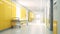 Yellow Long hospital bright corridor with rooms and seats