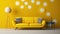 Yellow loveseat sofa and side tables against of colorful circle patterned wall. Mid century interior design