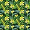 Yellow lowers and palm leaves, seamless pattern tropical plants watercolor illustration, jungle design