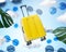 Yellow Luggage Flying on Cloud Sky Traveling Concept Background 3D Rendering