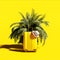 Yellow luggage with summer hat and palm tree on vibrant yellow background