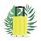 Yellow luggage with tropical palm and monstera leaves. Time to travel concept