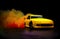 Yellow Luxury Sports Car Drifting with Yellow and Red Smoke on Road at Night.