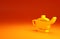 Yellow Magic lamp or Aladdin lamp icon isolated on orange background. Spiritual lamp for wish. Minimalism concept. 3d