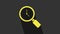 Yellow Magnifying glass with clock icon isolated on grey background. 4K Video motion graphic animation