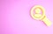 Yellow Magnifying glass for search a people icon isolated on pink background. Recruitment or selection concept. Search