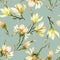 Yellow magnolia flowers on a twig on light green background. Seamless pattern. Watercolor painting. Hand drawn and colored.