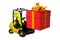 Yellow man on a loader with a gift by a holiday
